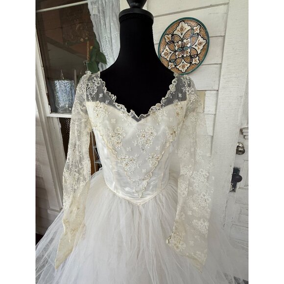 Vintage 50's Tulle Lace Tiered Cupcake Wedding Dress Beading Sequins Sz Small - Picture 15 of 16